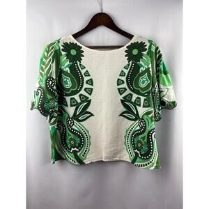 Women’s Calligraphie Large Cream Short Sleeve Blouse w/ Green Floral Patterns